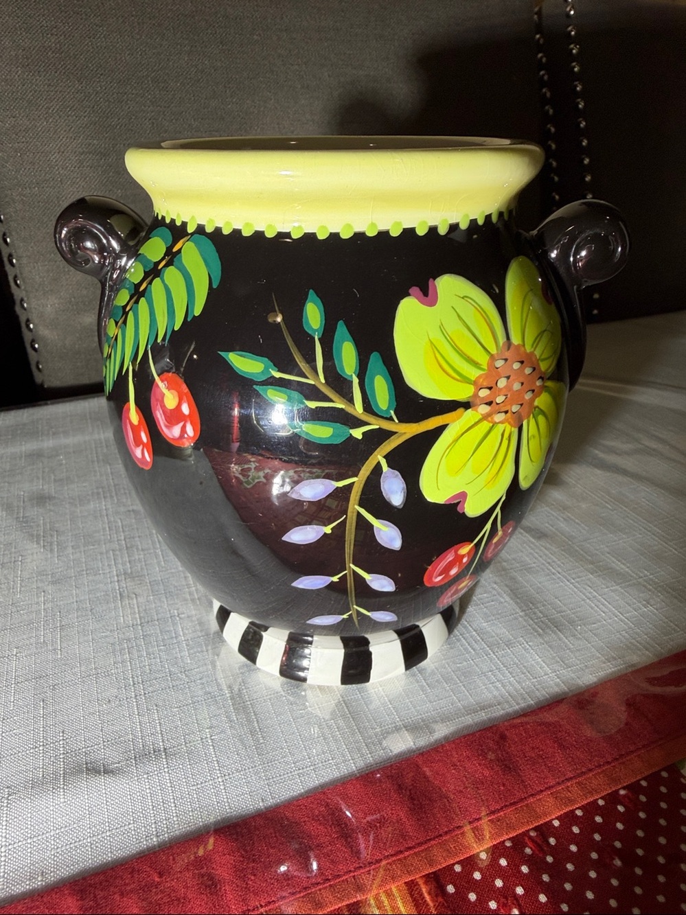 Certified International Black Handled Ceramic Vase with Floral Accents